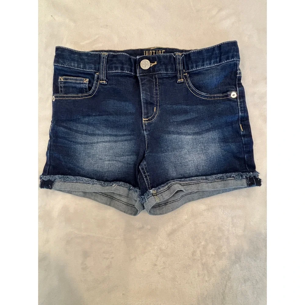 Justice Girls Dark Wash Denim Shorts Raw Hem Size 10 Plus Stretch Whiskered